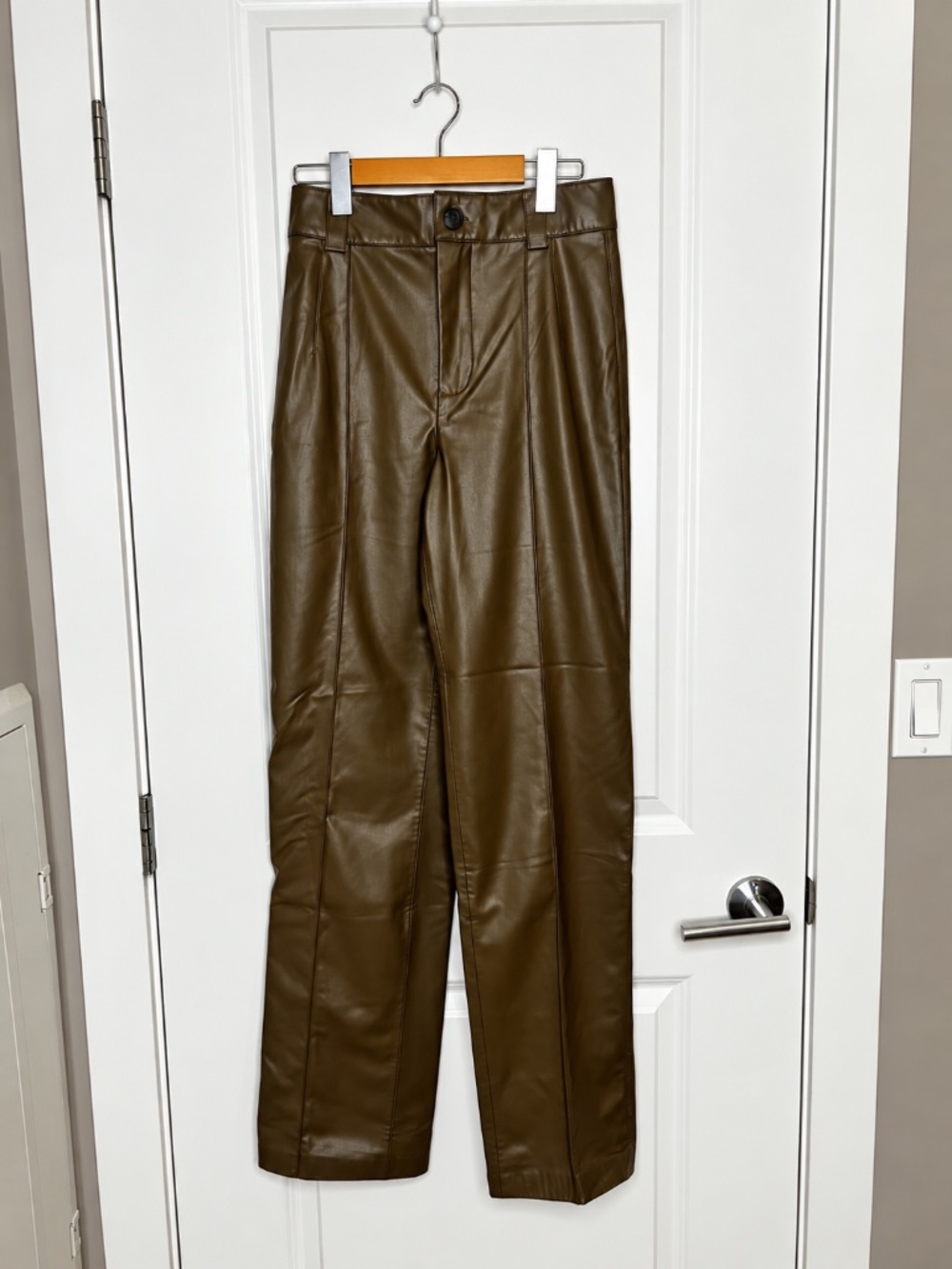 Zara Olive Brown Faux Leather Straight Leg Pants XS